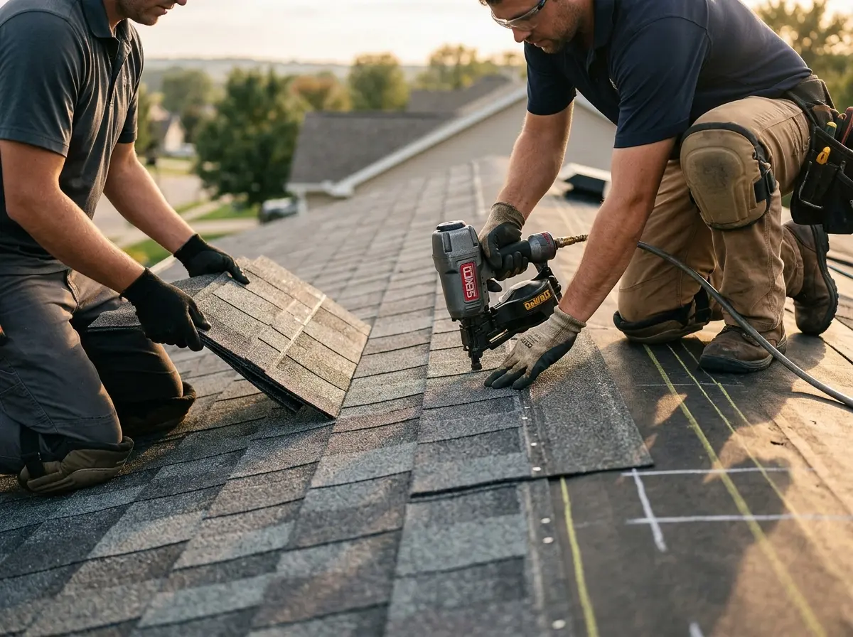 Professional roofer working on a residential roof in Borger